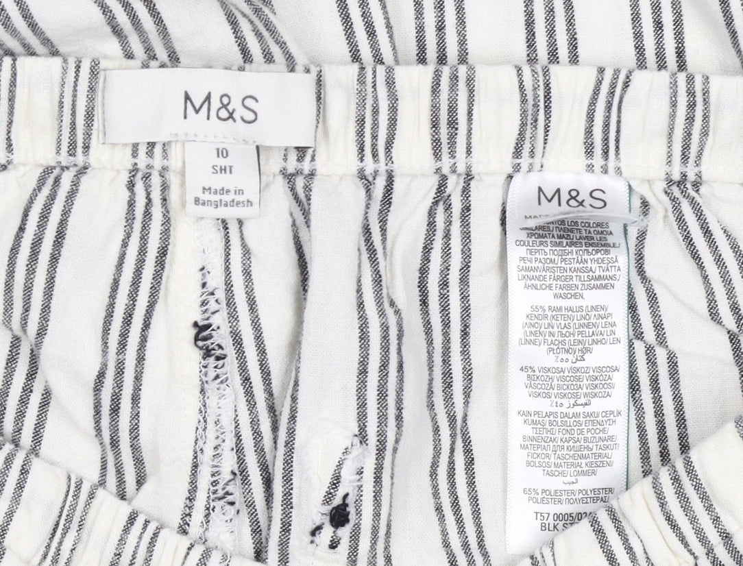 Marks & Spencer Women's White Stripe Linen Wide-Leg Trousers UK 10 Short