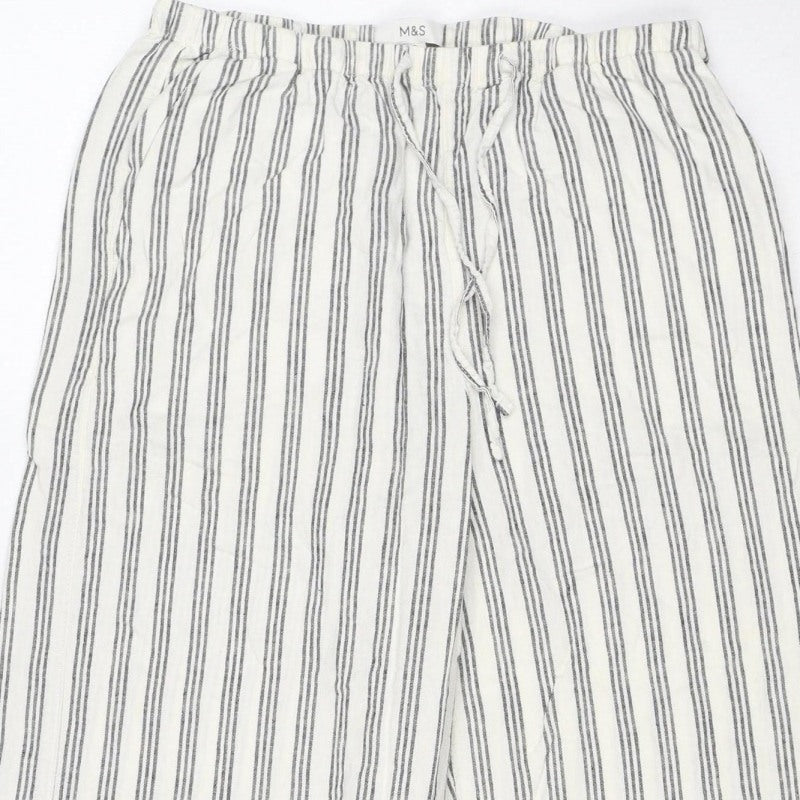 Marks & Spencer Women's White Stripe Linen Wide-Leg Trousers UK 10 Short