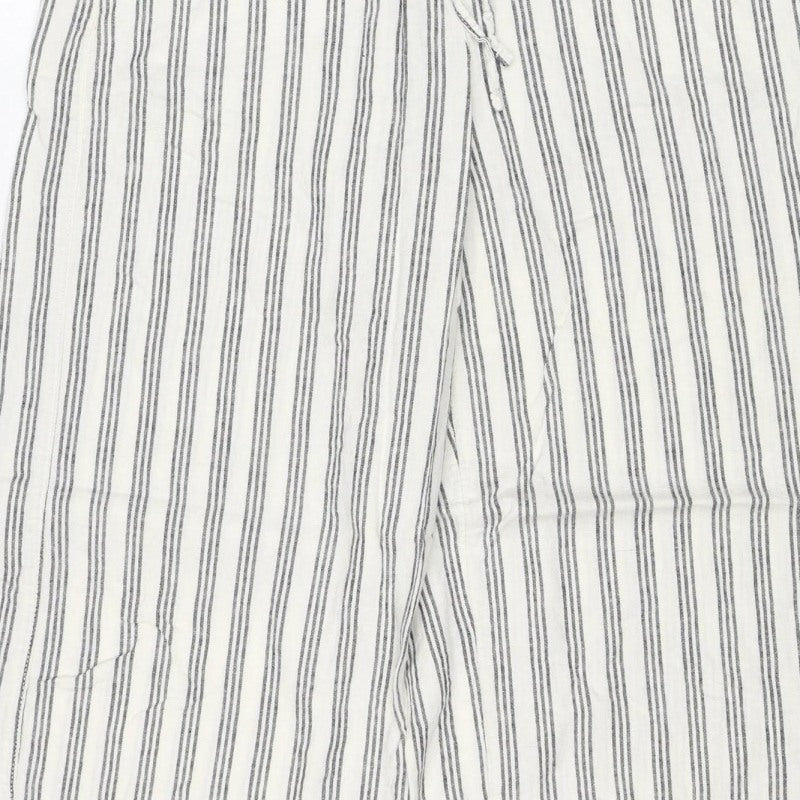 Marks & Spencer Women's White Stripe Linen Wide-Leg Trousers UK 10 Short