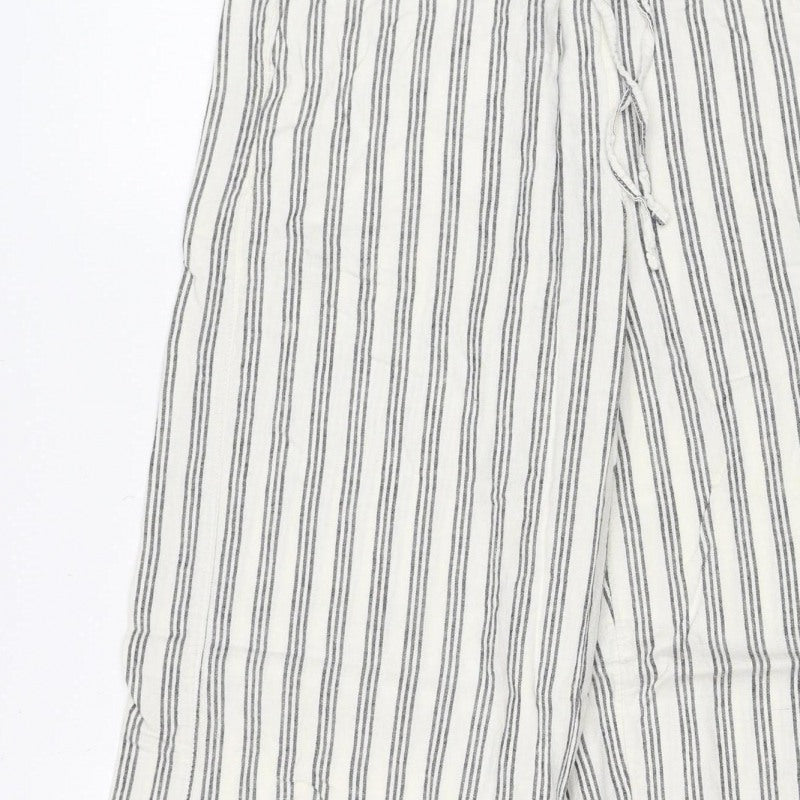 Marks & Spencer Women's White Stripe Linen Wide-Leg Trousers UK 10 Short