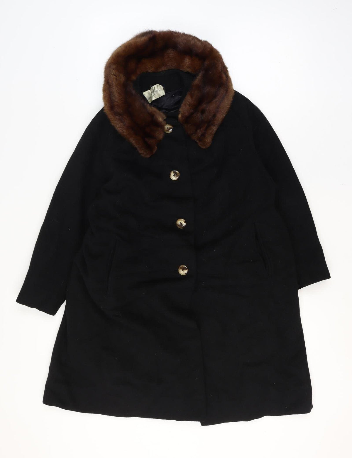 Cherry & Webb Vintage Women's Size 16 Black Long Coat Brown Fur Collar Button Pockets