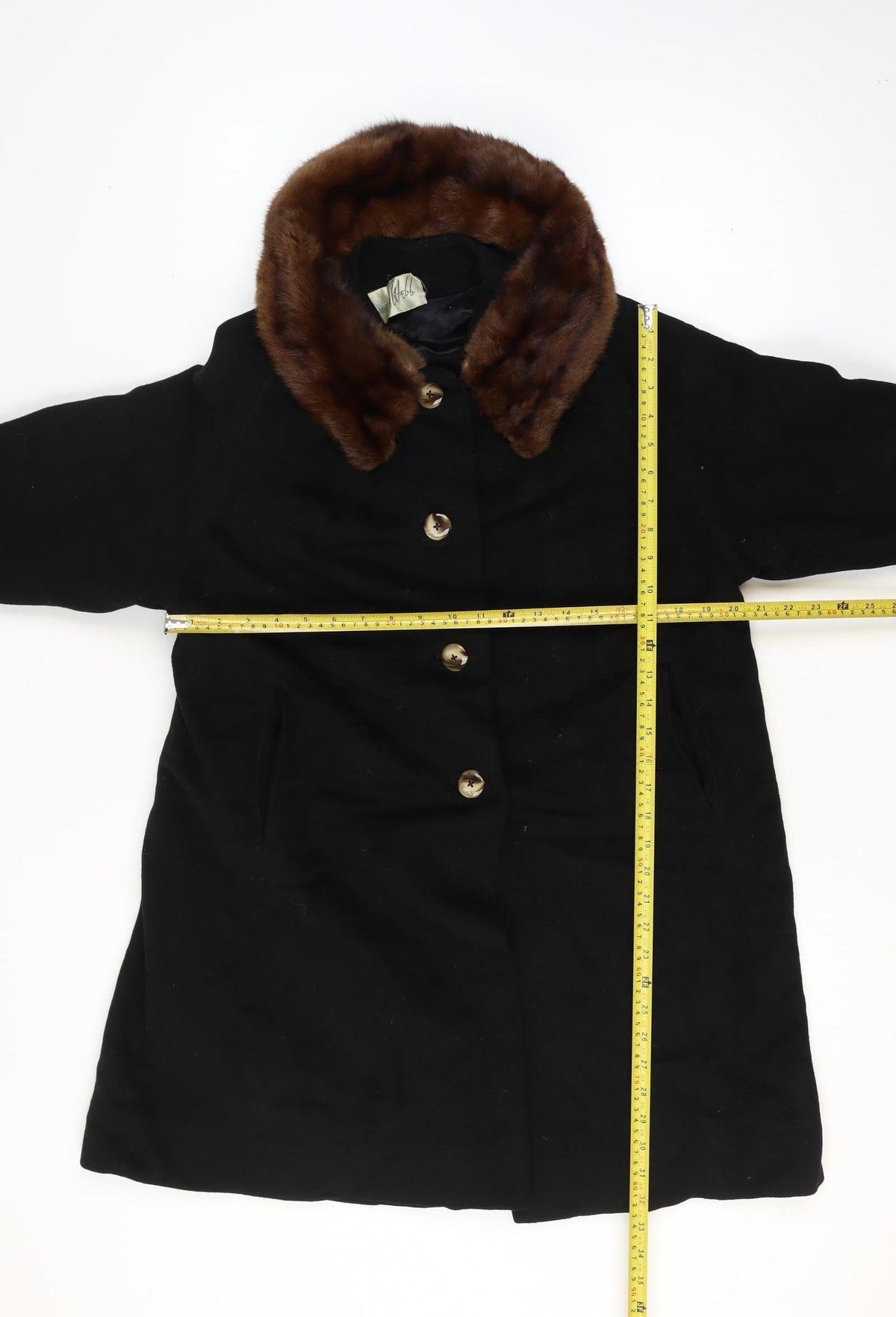 Cherry & Webb Vintage Women's Size 16 Black Long Coat Brown Fur Collar Button Pockets