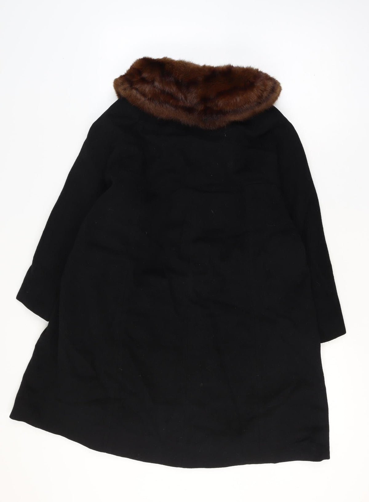 Cherry & Webb Vintage Women's Size 16 Black Long Coat Brown Fur Collar Button Pockets