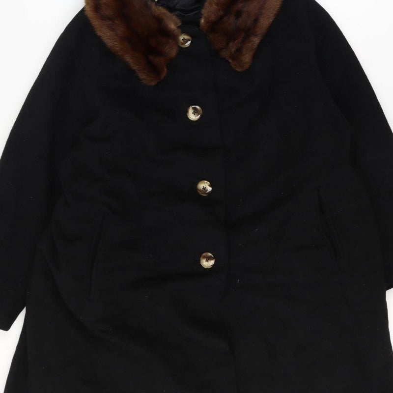 Cherry & Webb Vintage Women's Size 16 Black Long Coat Brown Fur Collar Button Pockets
