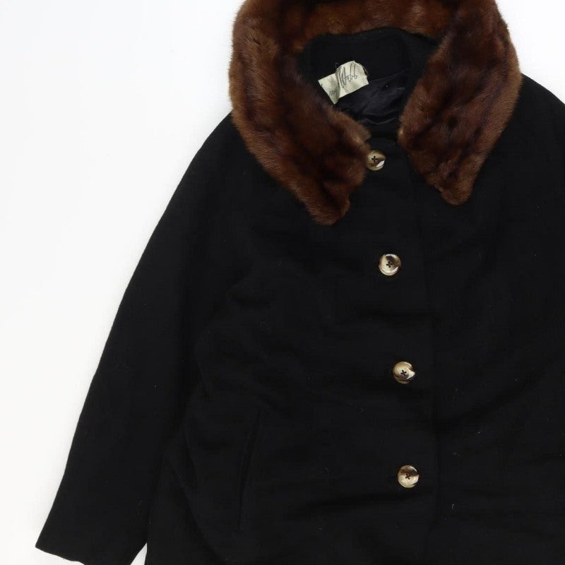 Cherry & Webb Vintage Women's Size 16 Black Long Coat Brown Fur Collar Button Pockets