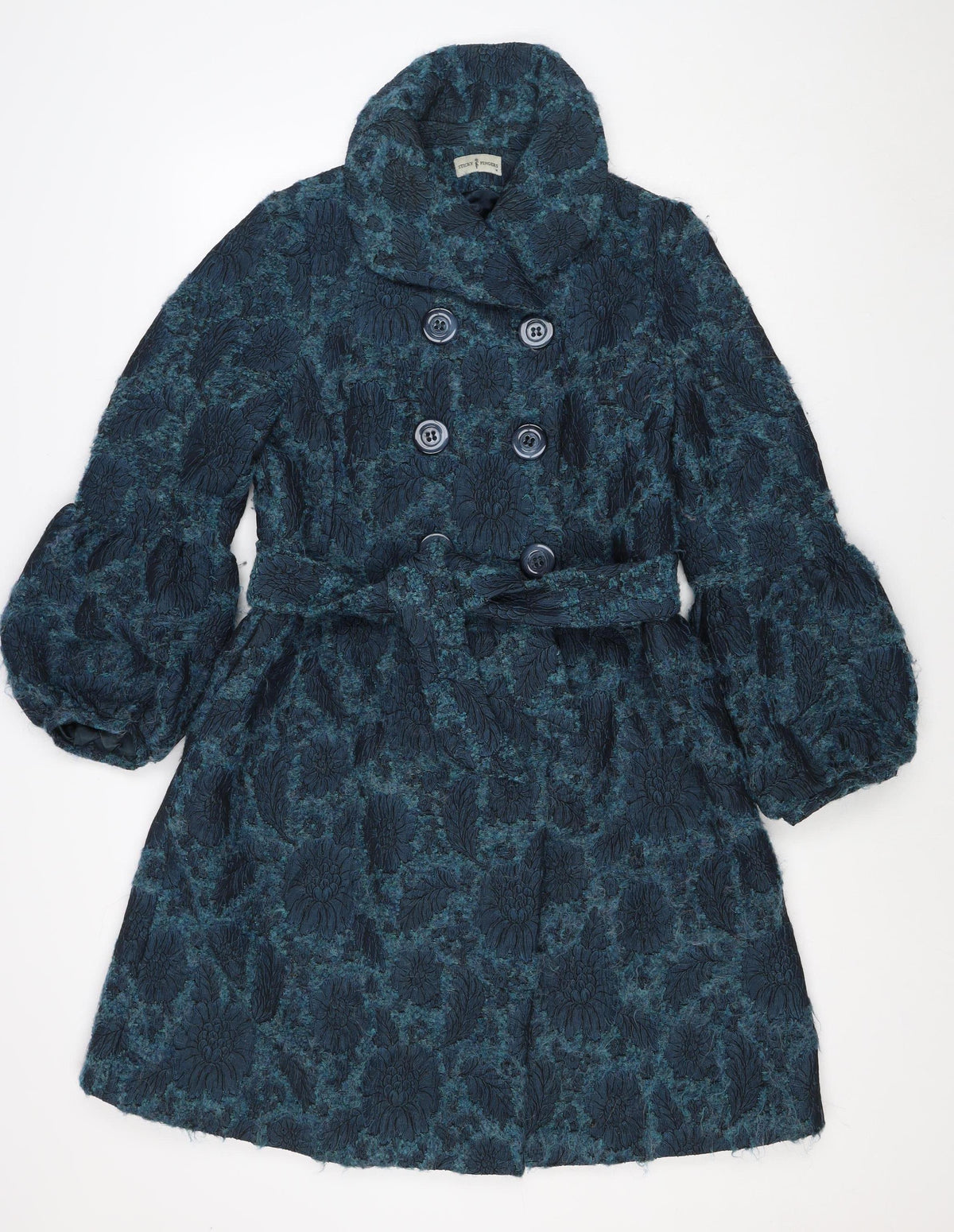 Sticky Fingers Women’s Blue Floral Wool Blend Double-Breasted Pea Coat M