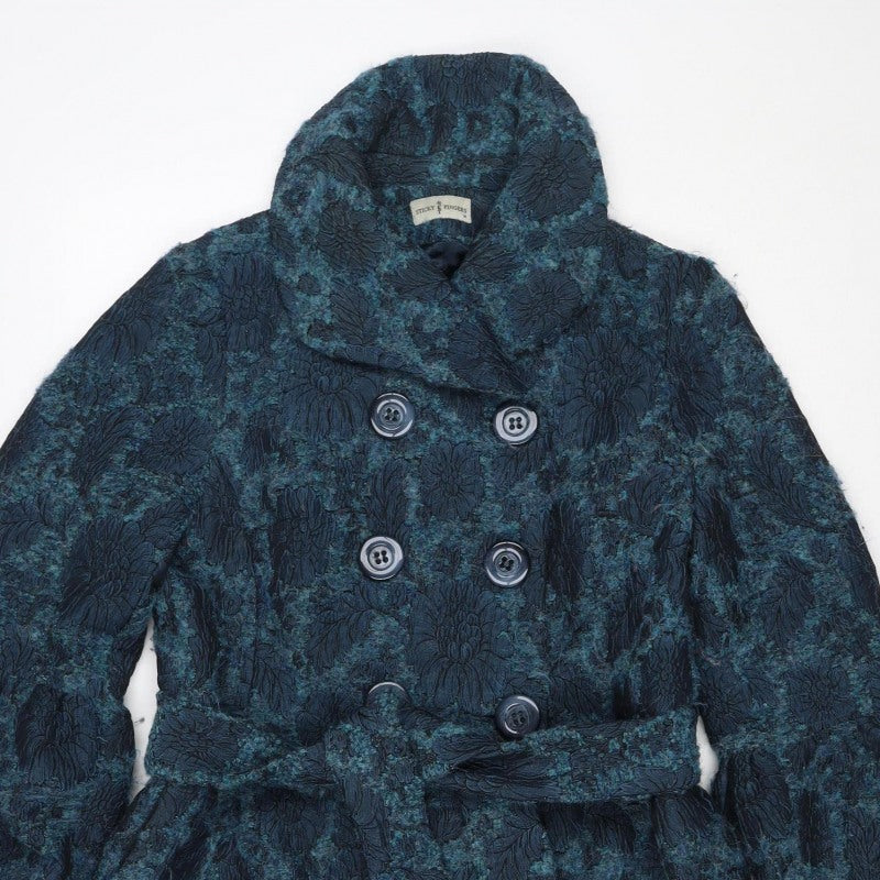 Sticky Fingers Women’s Blue Floral Wool Blend Double-Breasted Pea Coat M