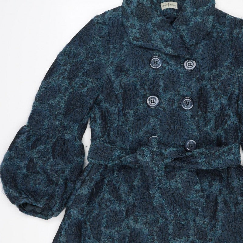 Sticky Fingers Women’s Blue Floral Wool Blend Double-Breasted Pea Coat M