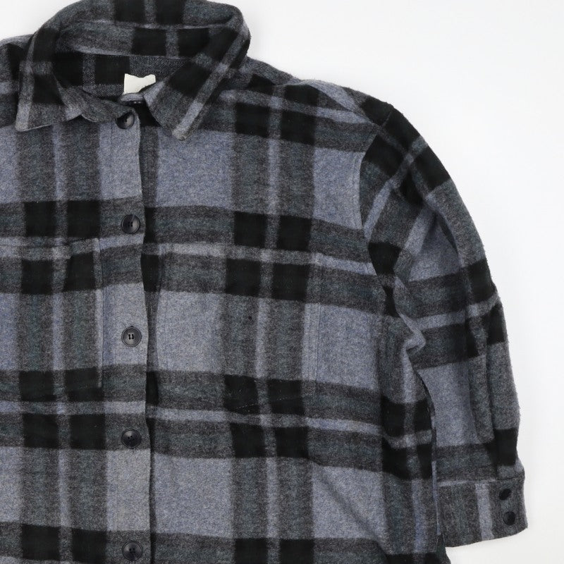 H&M Women Grey XL Basic Plaid Fleece Button Jacket