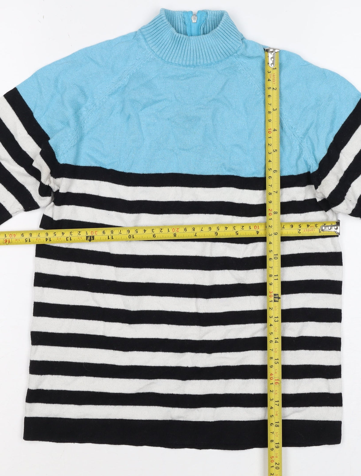 Popo England Women Blue Stripe Roll Neck Zip Knit Top Size 2