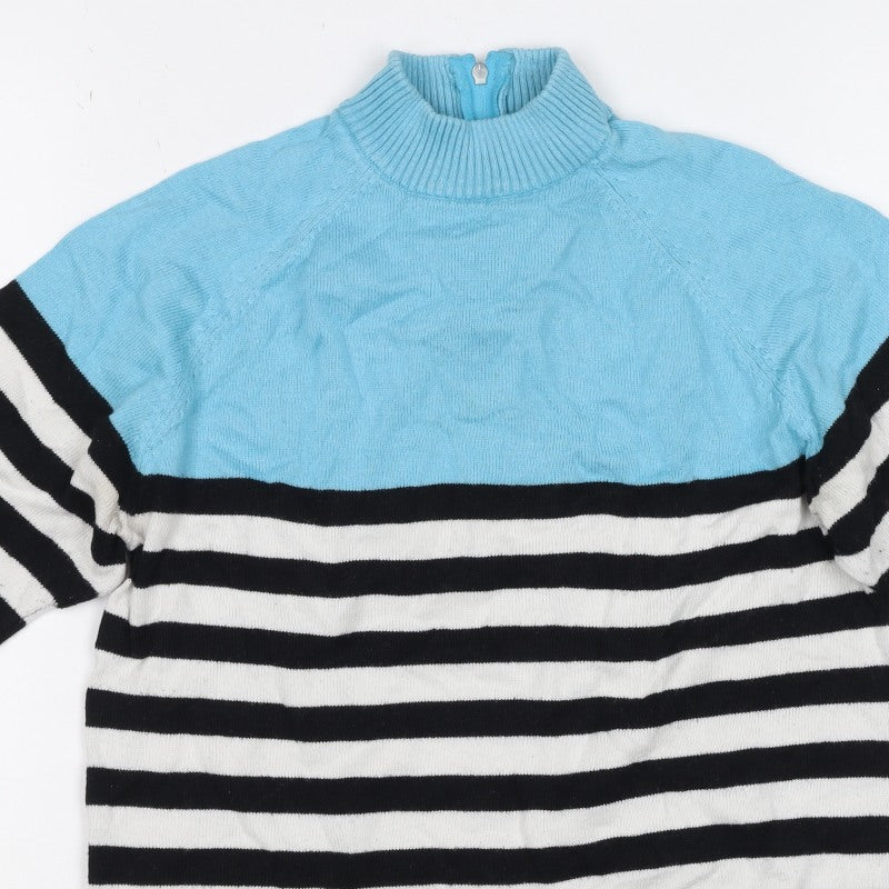 Popo England Women Blue Stripe Roll Neck Zip Knit Top Size 2