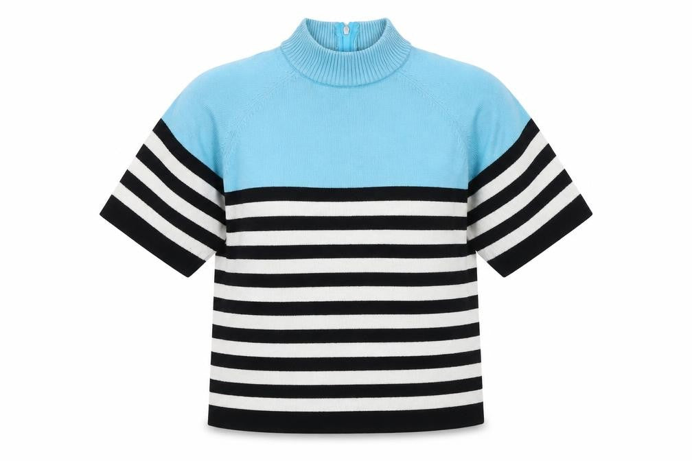 Popo England Women Blue Stripe Roll Neck Zip Knit Top Size 2