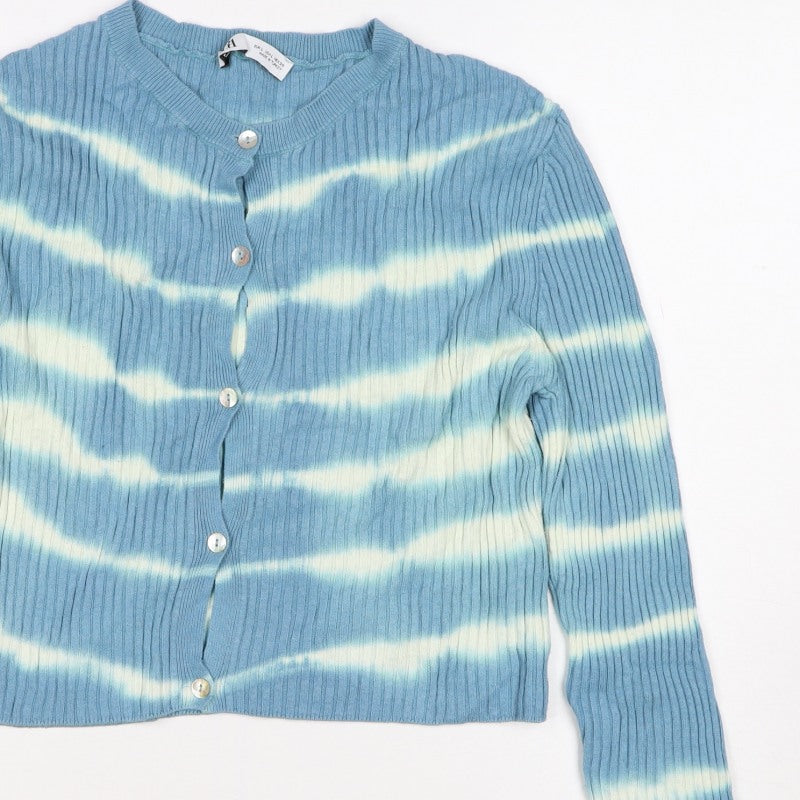 Zara Women Blue White Striped Rib Knit Button Cardigan Size L