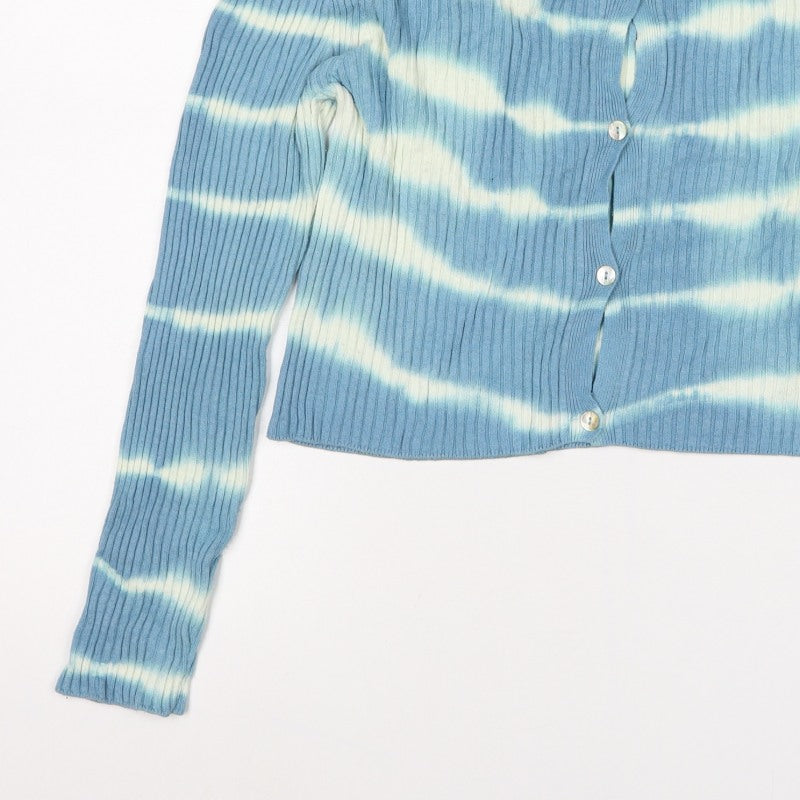 Zara Women Blue White Striped Rib Knit Button Cardigan Size L