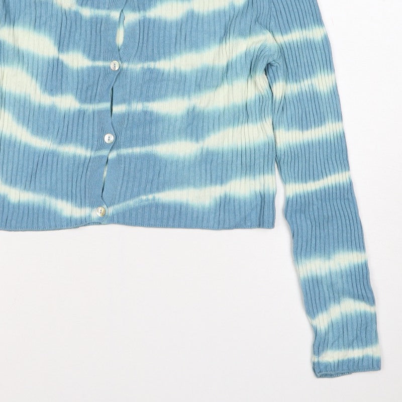 Zara Women Blue White Striped Rib Knit Button Cardigan Size L