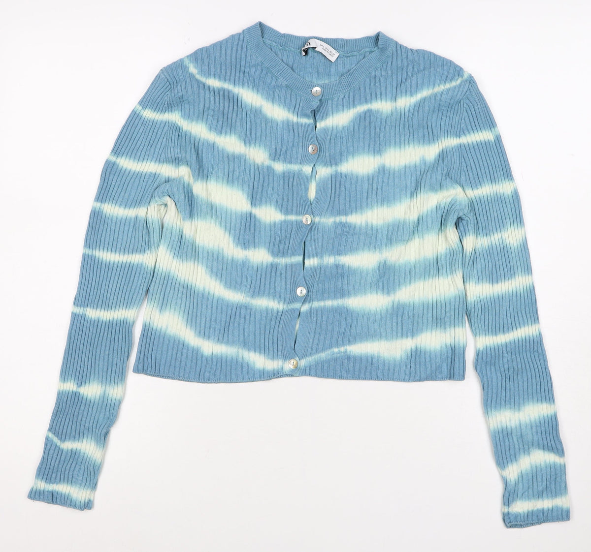 Zara Women Blue White Striped Rib Knit Button Cardigan Size L