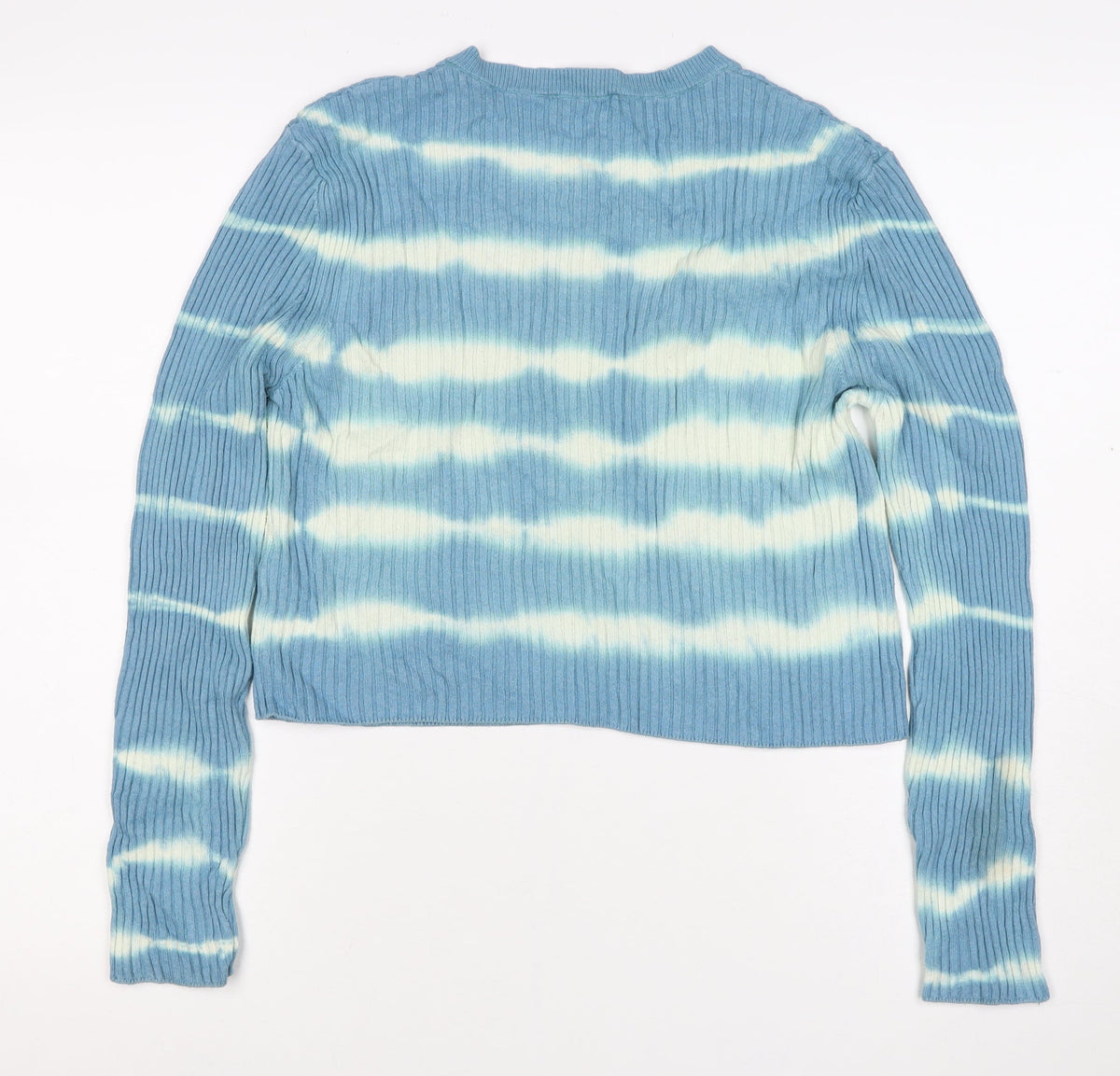 Zara Women Blue White Striped Rib Knit Button Cardigan Size L