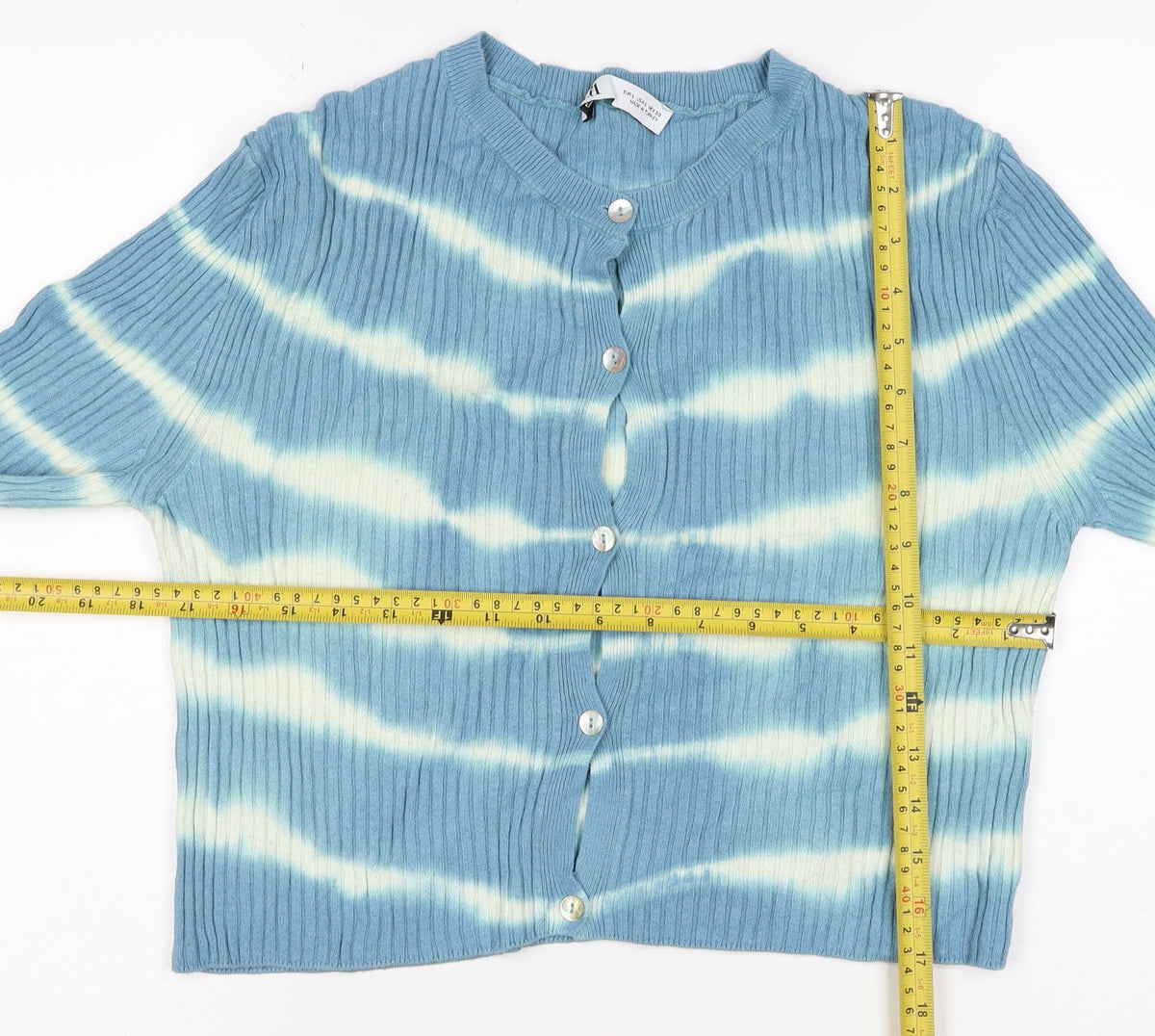 Zara Women Blue White Striped Rib Knit Button Cardigan Size L