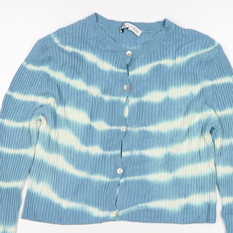 Zara Women Blue White Striped Rib Knit Button Cardigan Size L