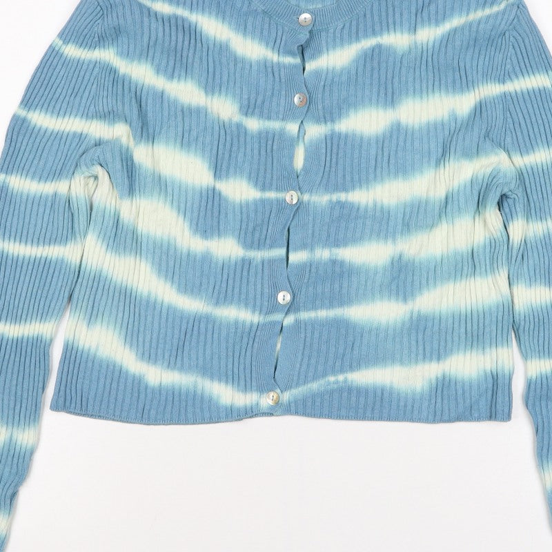 Zara Women Blue White Striped Rib Knit Button Cardigan Size L