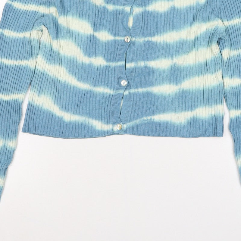 Zara Women Blue White Striped Rib Knit Button Cardigan Size L