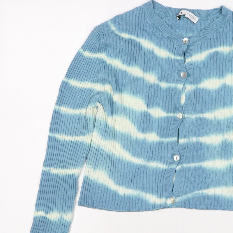 Zara Women Blue White Striped Rib Knit Button Cardigan Size L