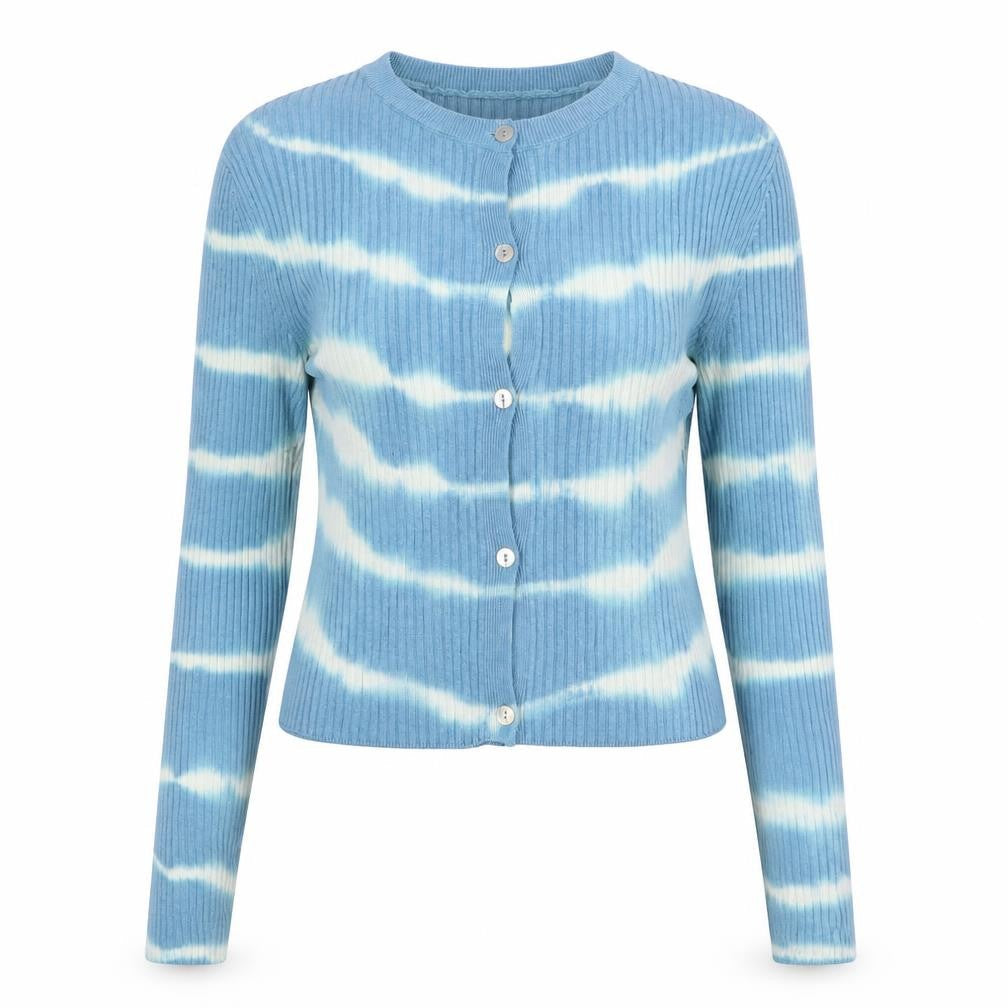 Zara Women Blue White Striped Rib Knit Button Cardigan Size L
