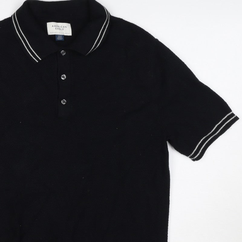 American Eagle Men’s Black S Cotton Polo Shirt Contrast Trim