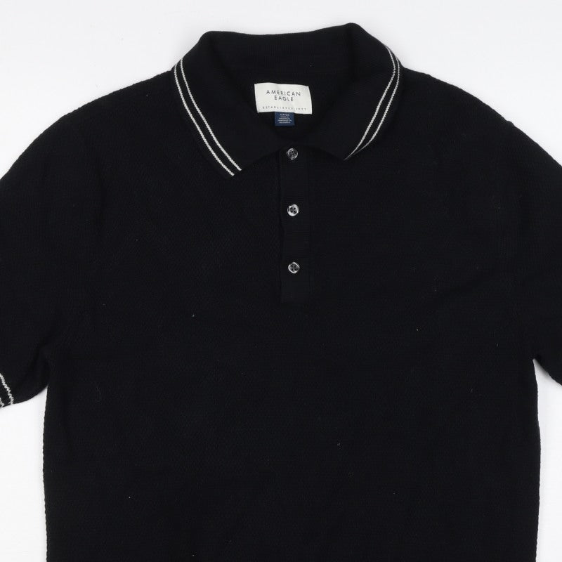American Eagle Men’s Black S Cotton Polo Shirt Contrast Trim