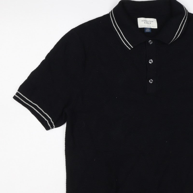 American Eagle Men’s Black S Cotton Polo Shirt Contrast Trim