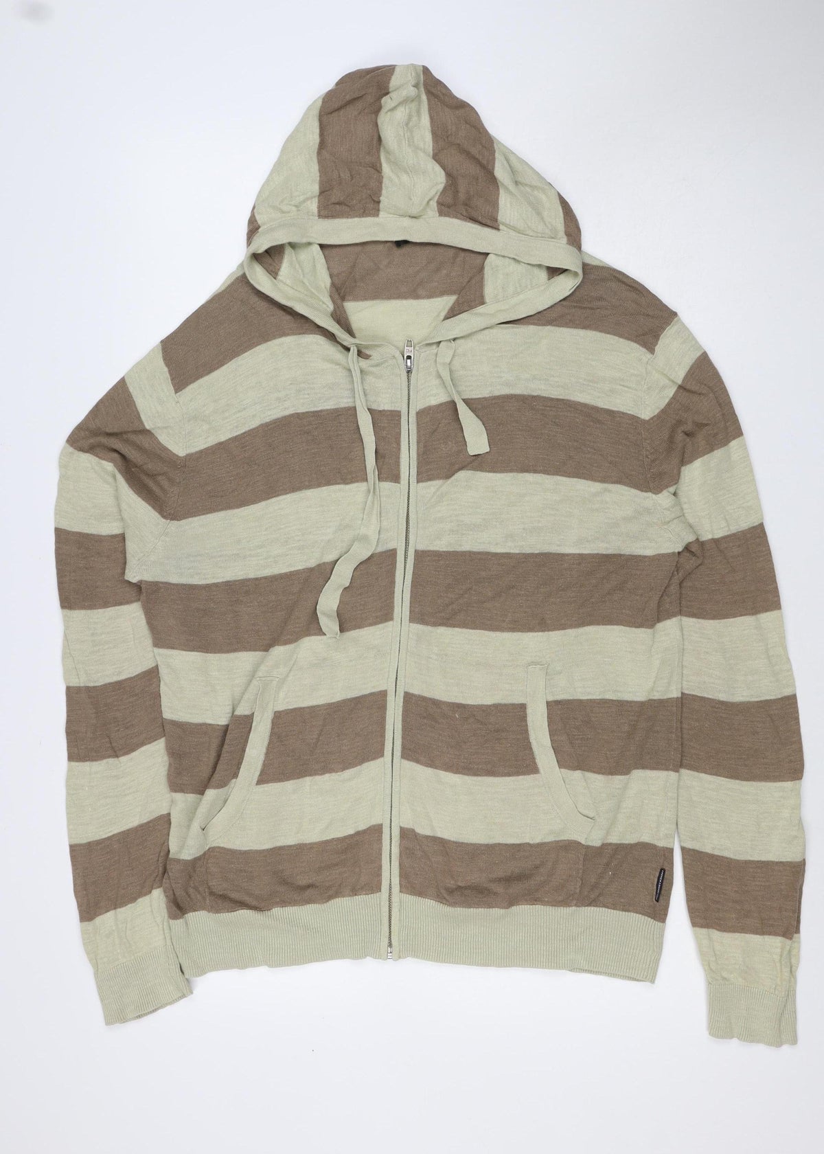 French Connection Men’s Beige Brown Stripe Linen Blend Zip Hoodie L