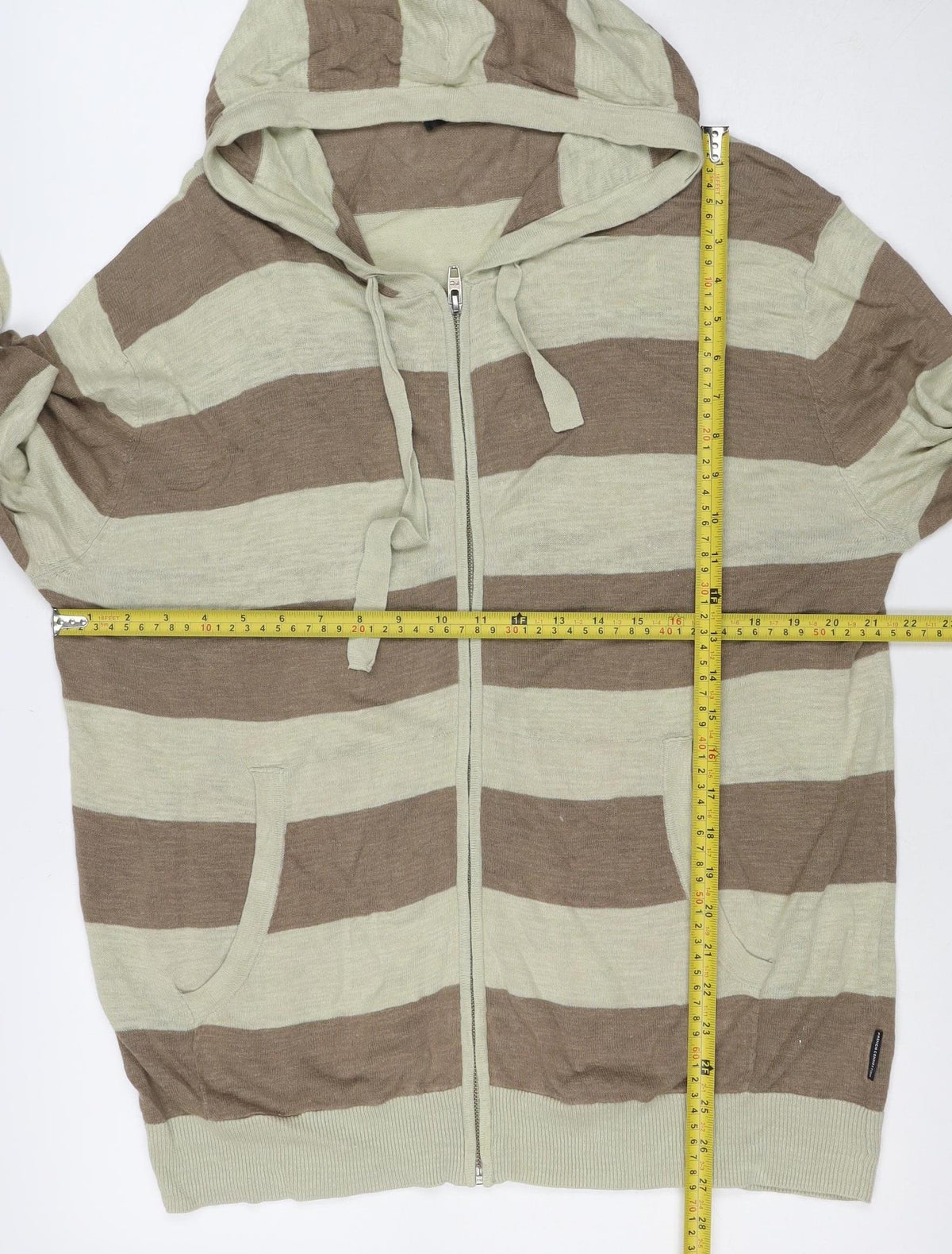 French Connection Men’s Beige Brown Stripe Linen Blend Zip Hoodie L