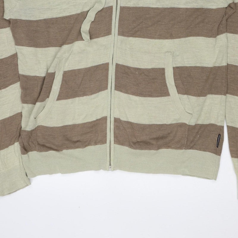 French Connection Men’s Beige Brown Stripe Linen Blend Zip Hoodie L