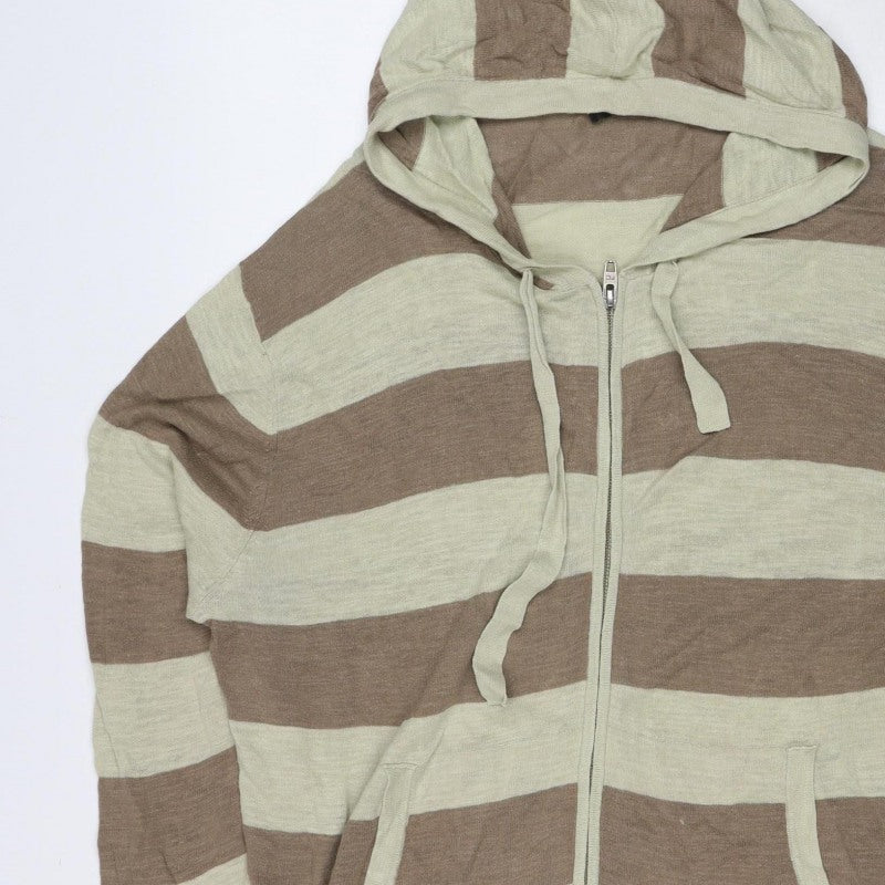 French Connection Men’s Beige Brown Stripe Linen Blend Zip Hoodie L