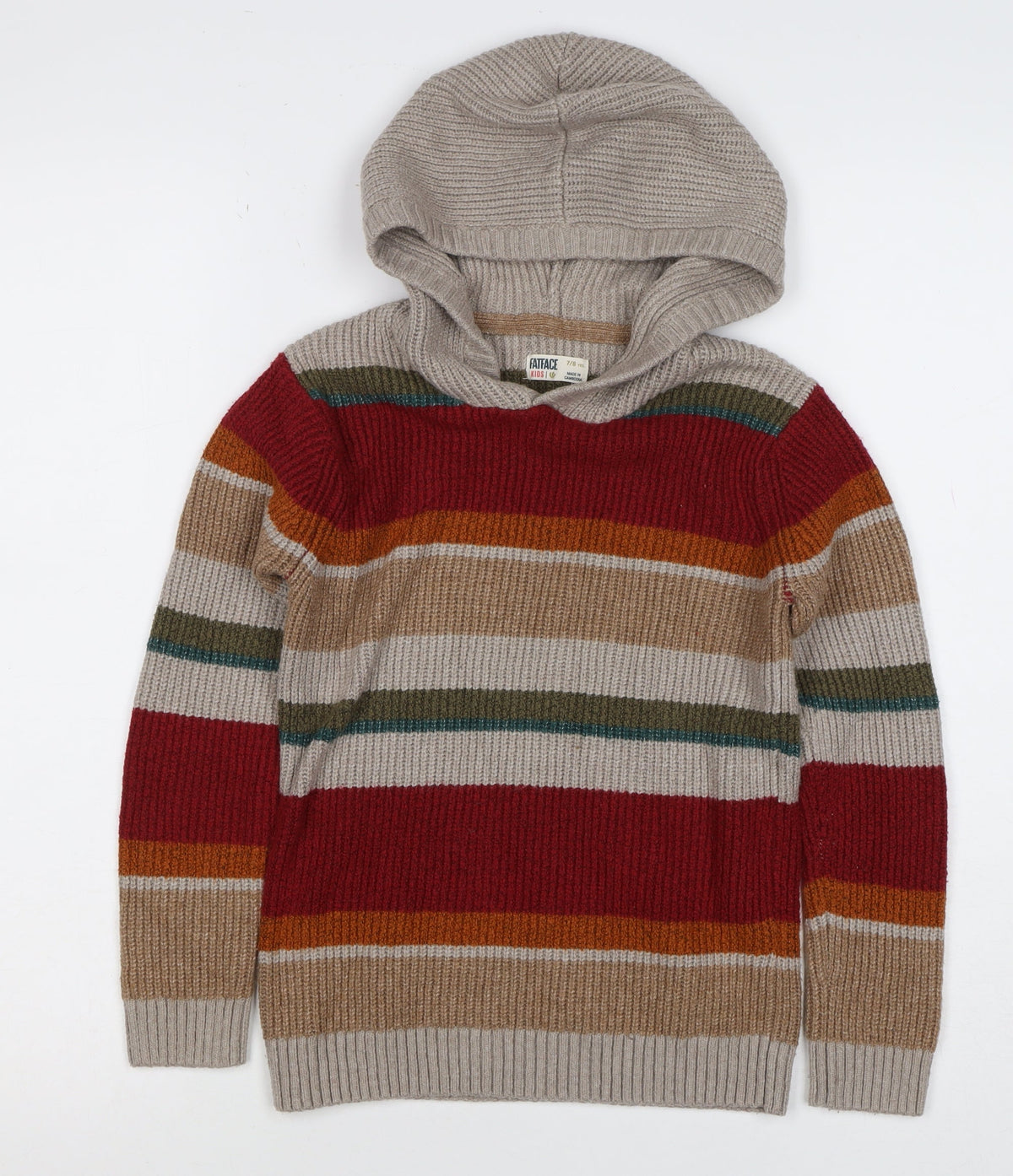 FatFace Boys Multicoloured Striped Hooded Knit Jumper 7-8 Years