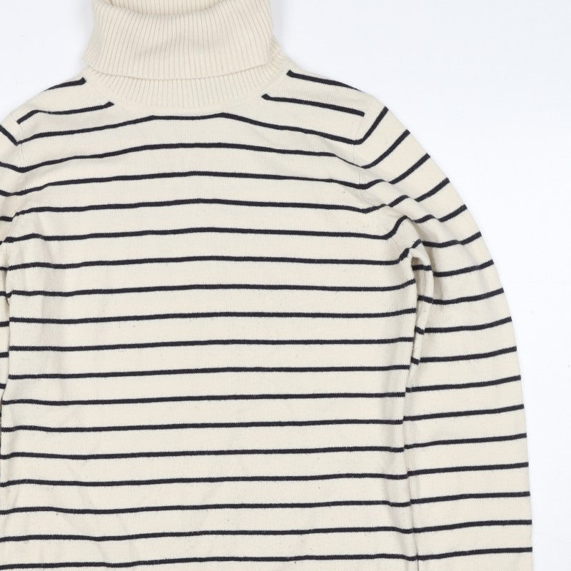 French Connection Women Beige Black Stripe Roll Neck Jumper L