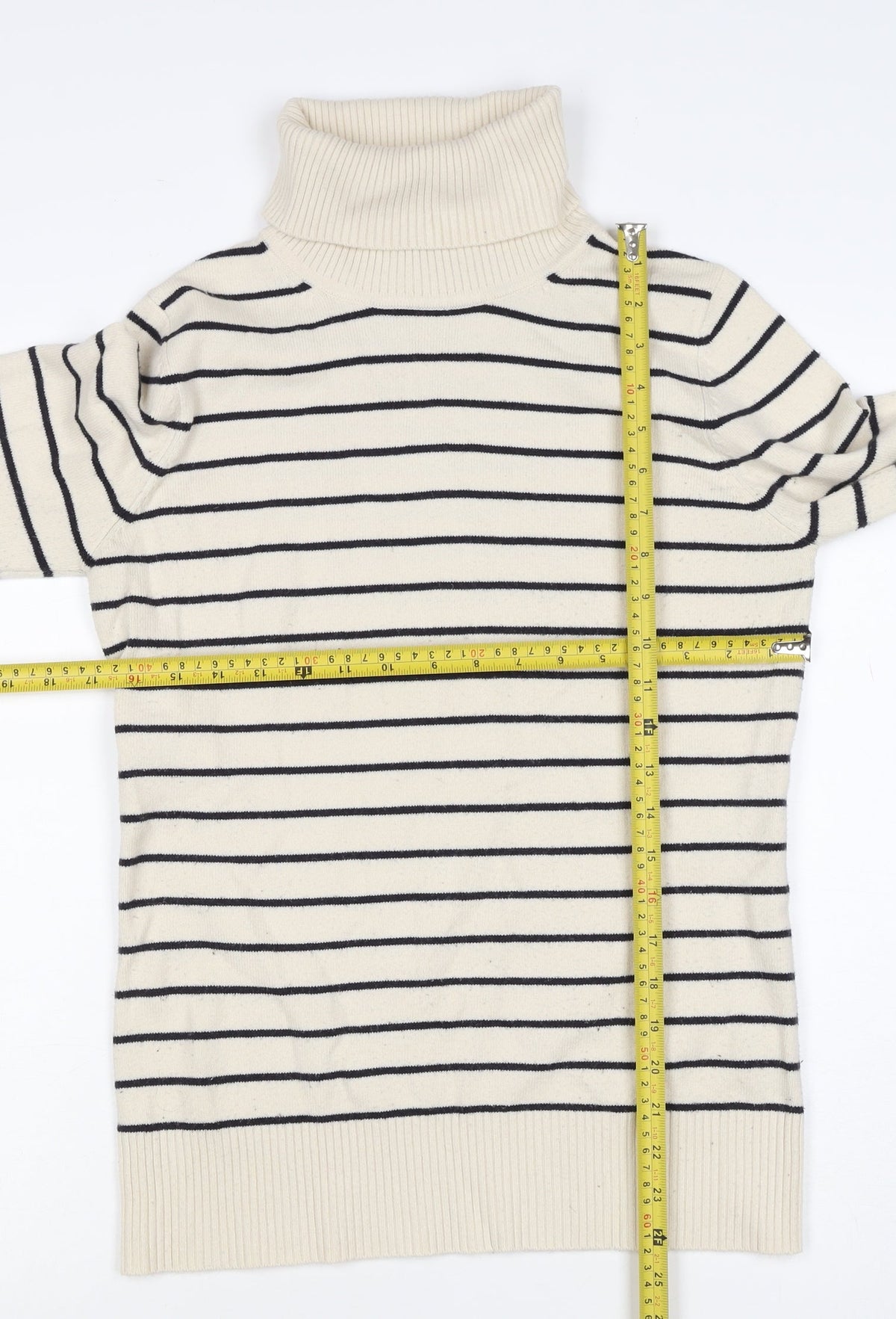 French Connection Women Beige Black Stripe Roll Neck Jumper L