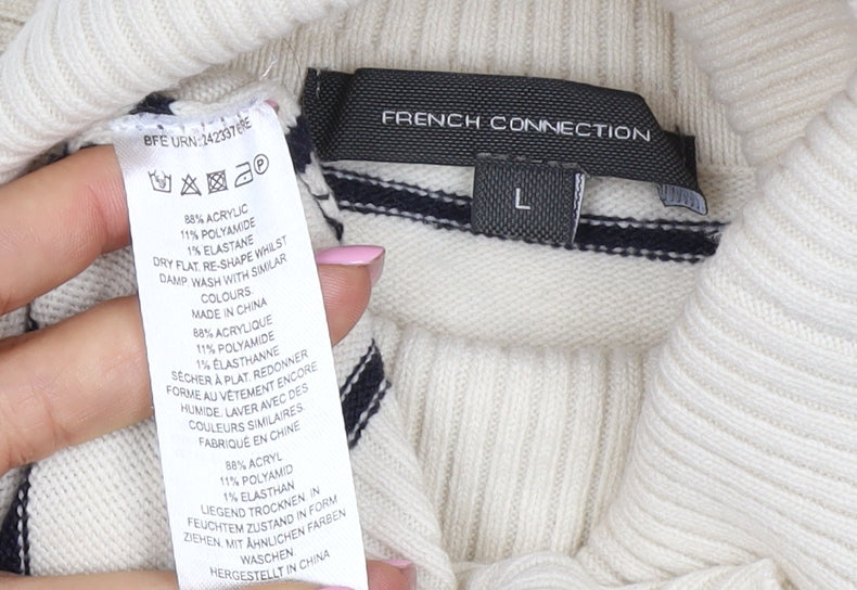 French Connection Women Beige Black Stripe Roll Neck Jumper L