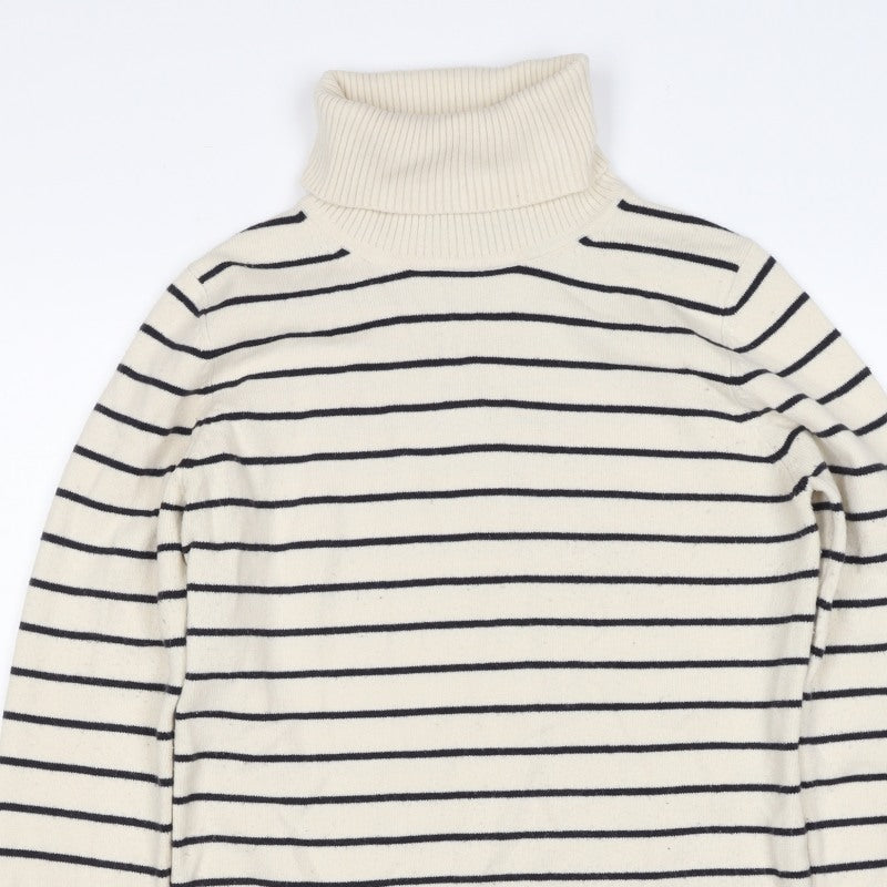 French Connection Women Beige Black Stripe Roll Neck Jumper L