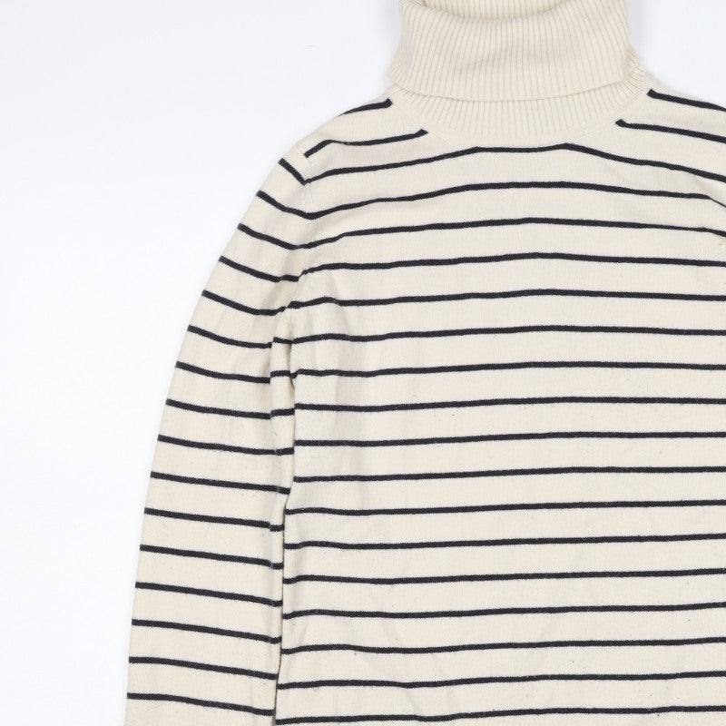 French Connection Women Beige Black Stripe Roll Neck Jumper L