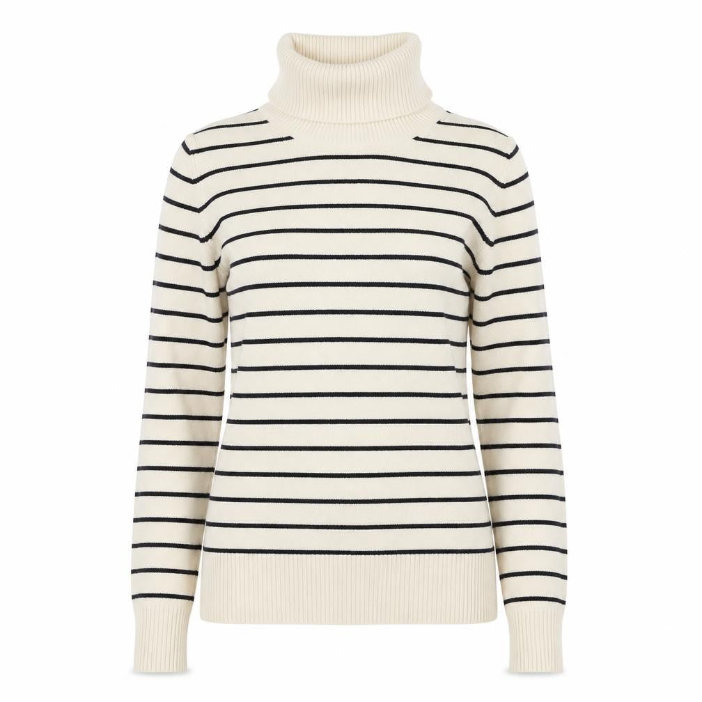 French Connection Women Beige Black Stripe Roll Neck Jumper L