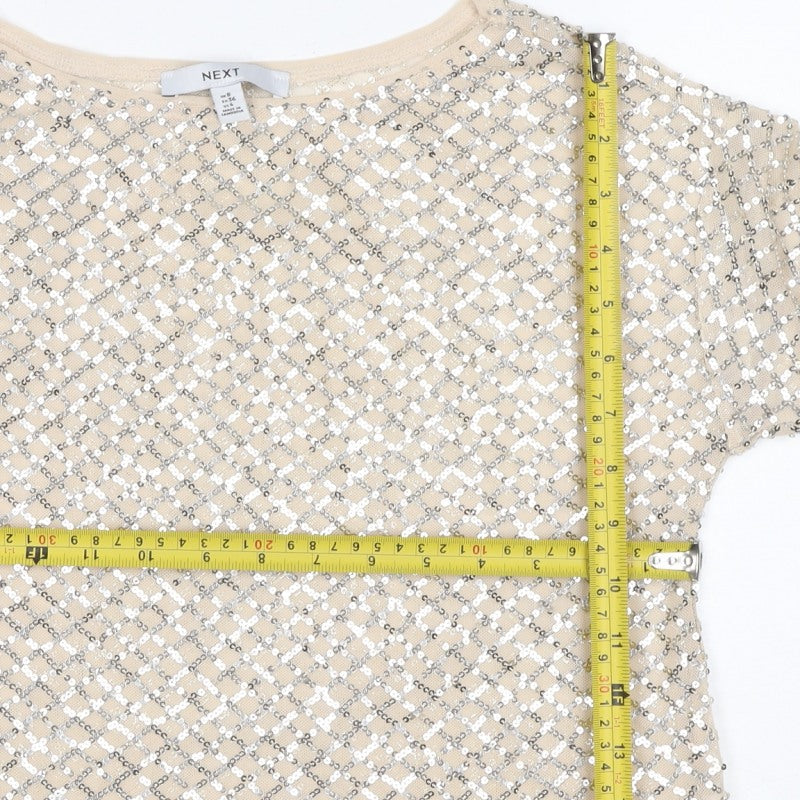 Next Women Beige Silver Sequin Geometric Short Sleeve T-Shirt UK 8