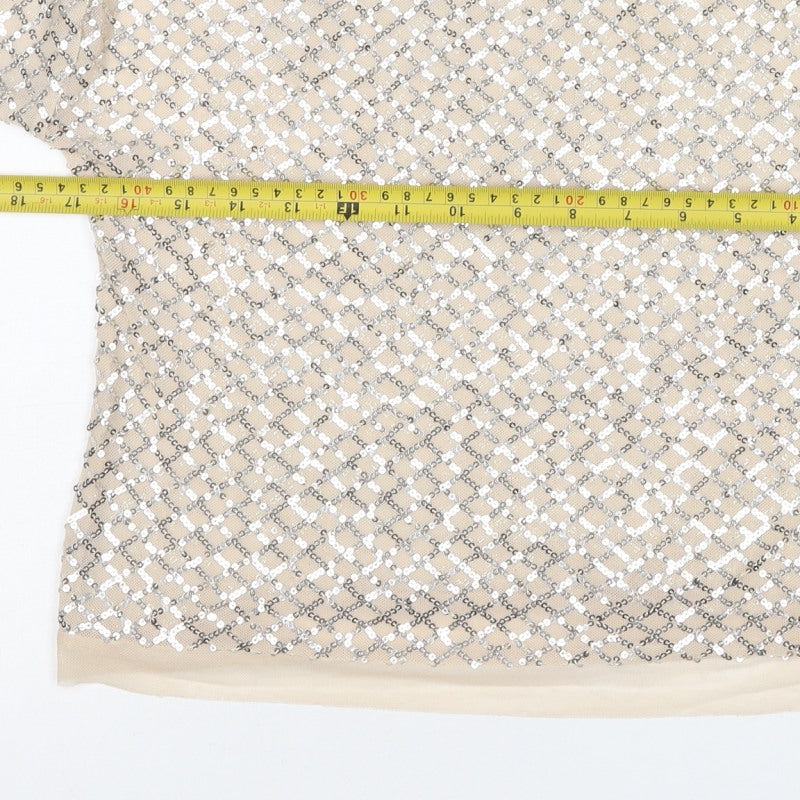 Next Women Beige Silver Sequin Geometric Short Sleeve T-Shirt UK 8