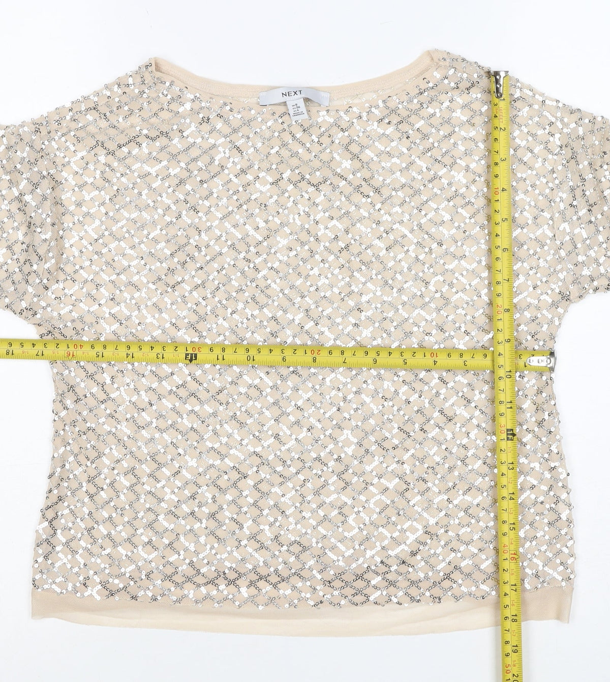 Next Women Beige Silver Sequin Geometric Short Sleeve T-Shirt UK 8