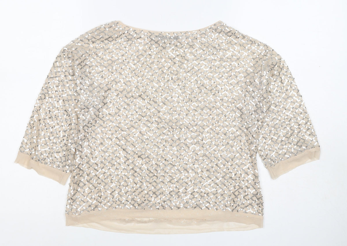 Next Women Beige Silver Sequin Geometric Short Sleeve T-Shirt UK 8
