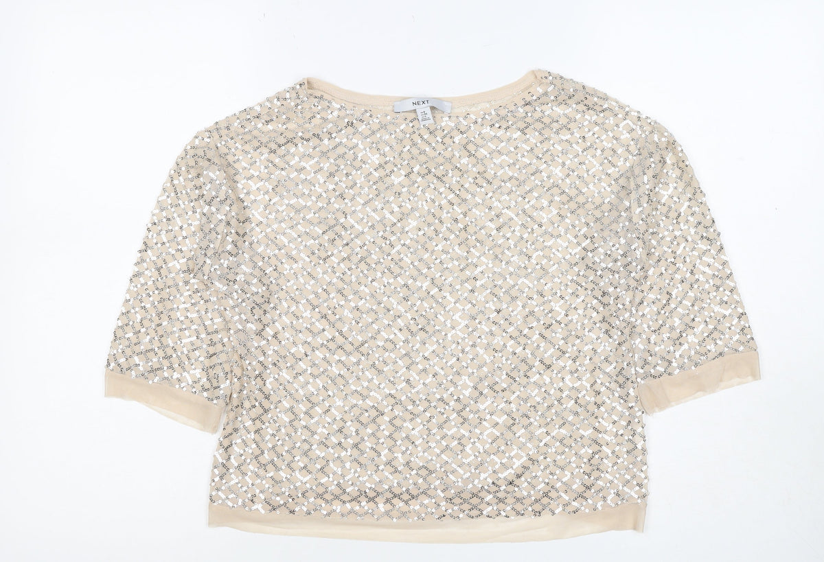 Next Women Beige Silver Sequin Geometric Short Sleeve T-Shirt UK 8