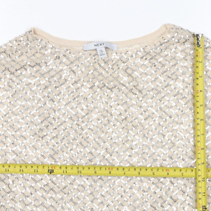 Next Women Beige Silver Sequin Geometric Short Sleeve T-Shirt UK 8