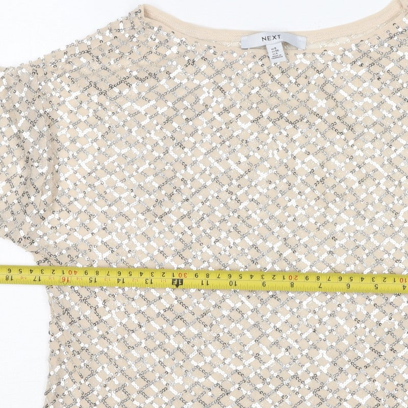Next Women Beige Silver Sequin Geometric Short Sleeve T-Shirt UK 8