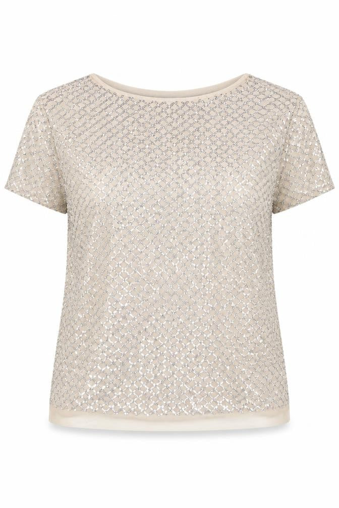 Next Women Beige Silver Sequin Geometric Short Sleeve T-Shirt UK 8