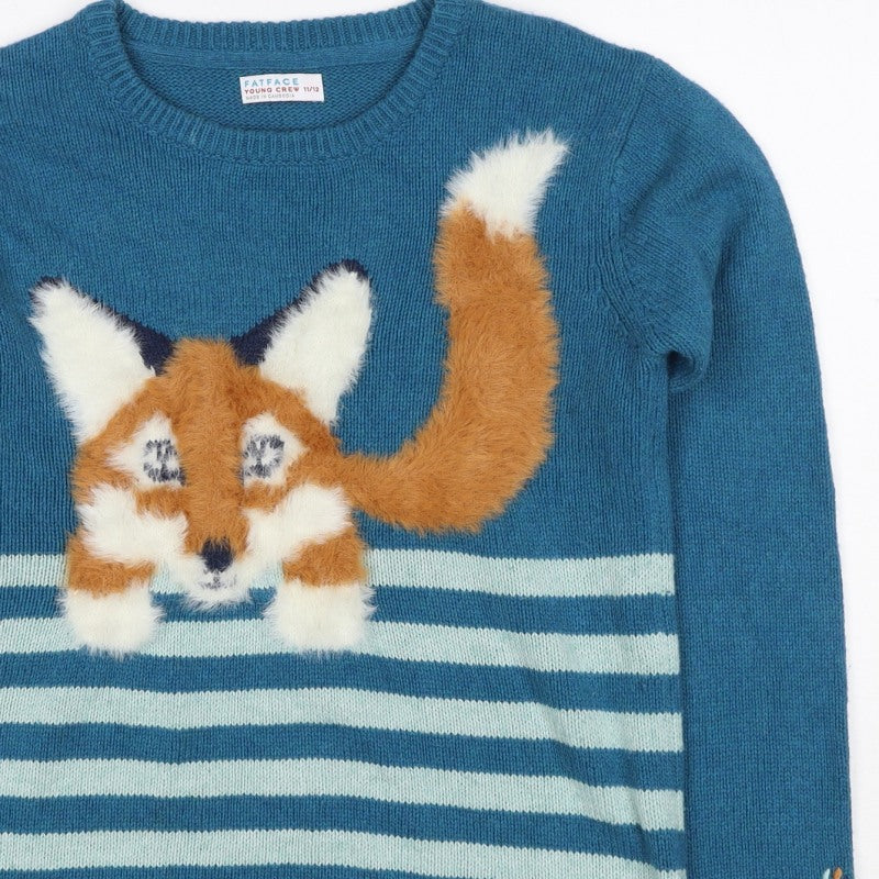 FatFace Boys Blue Fox Striped Knit Jumper 11-12 Years